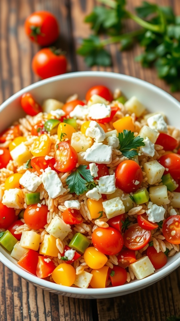 Refreshing Easy Orzo Salad A colorful orzo salad with tomatoes, cucumbers, and bell peppers, garnished with parsley and feta on a rustic table.